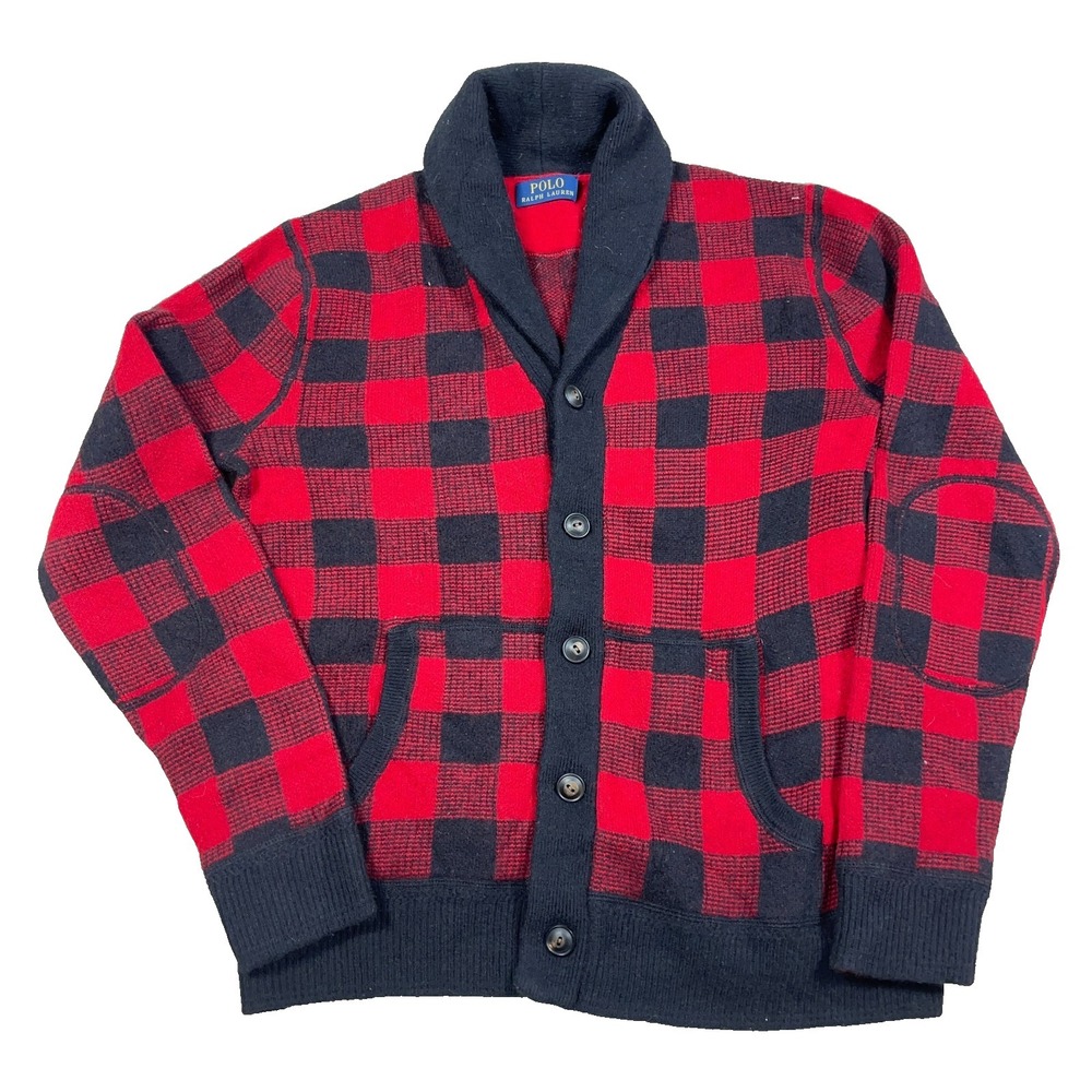 Polo Ralph Lauren Cardigan Sweater Men Small Red Black Buffalo Plaid Wool Shawl
